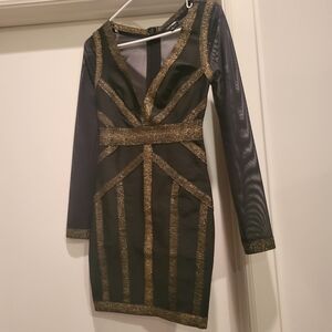 Fashion Nova Black and Gold Long Sleeve Dress